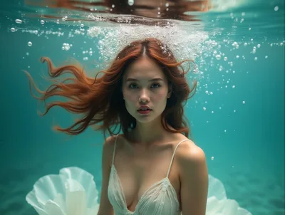 Young Woman Swimming Underwater In A White Dress