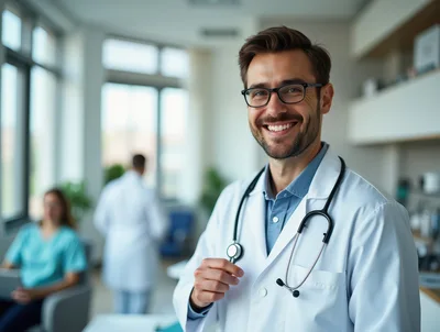 Smiling Male Doctor Standing In A Modern Medical Office