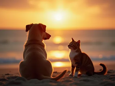 Dog And Cat Sitting Together On Beach At Sunset