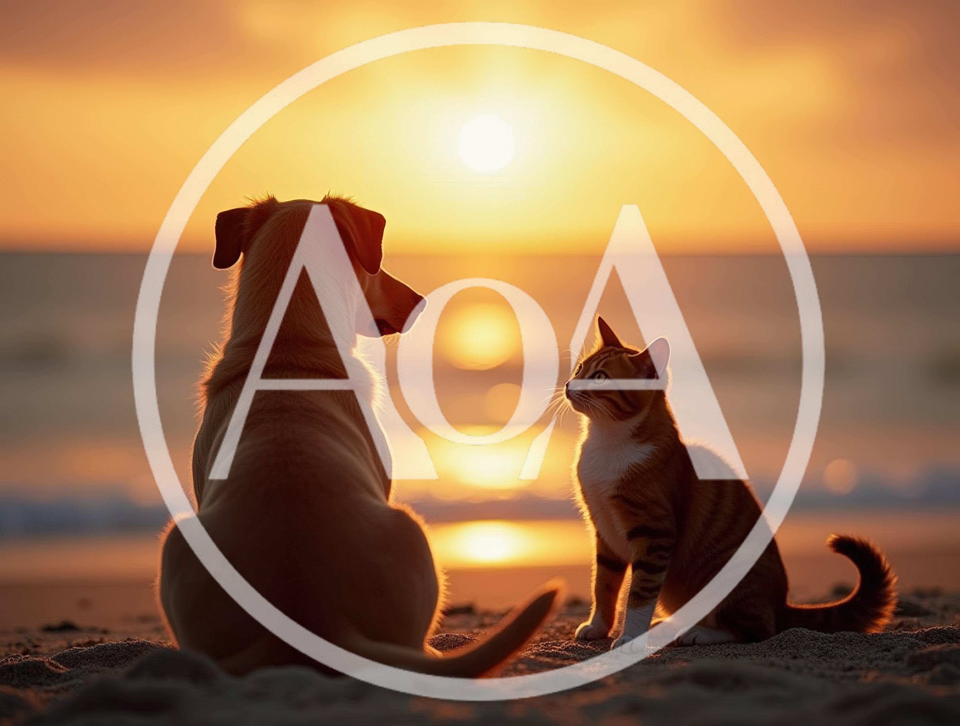 Dog And Cat Sitting Together On Beach At Sunset