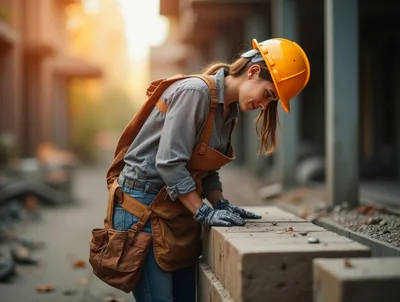 Female Construction Worker Inspecting Concrete Blocks