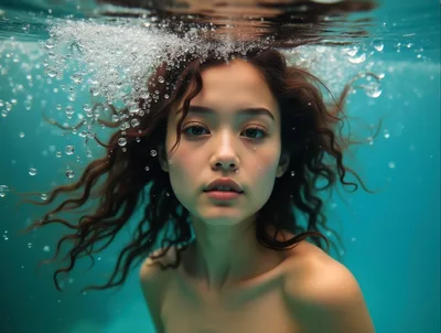 Young Woman Swimming Underwater With Flowing Hair