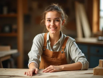 Young Female Carpenter Smiling In Her Woodworking Workshop