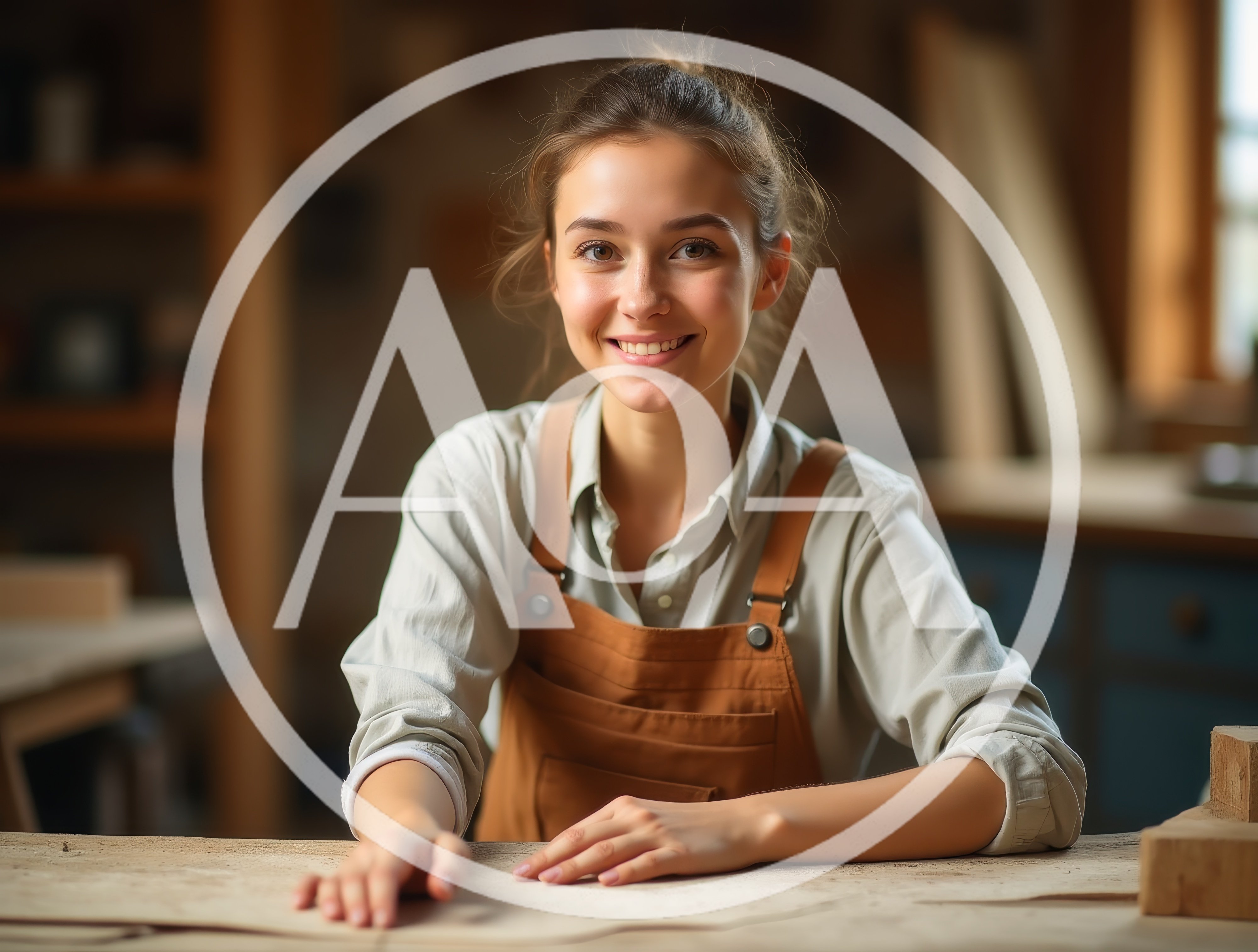 Young Female Carpenter Smiling In Her Woodworking Workshop
