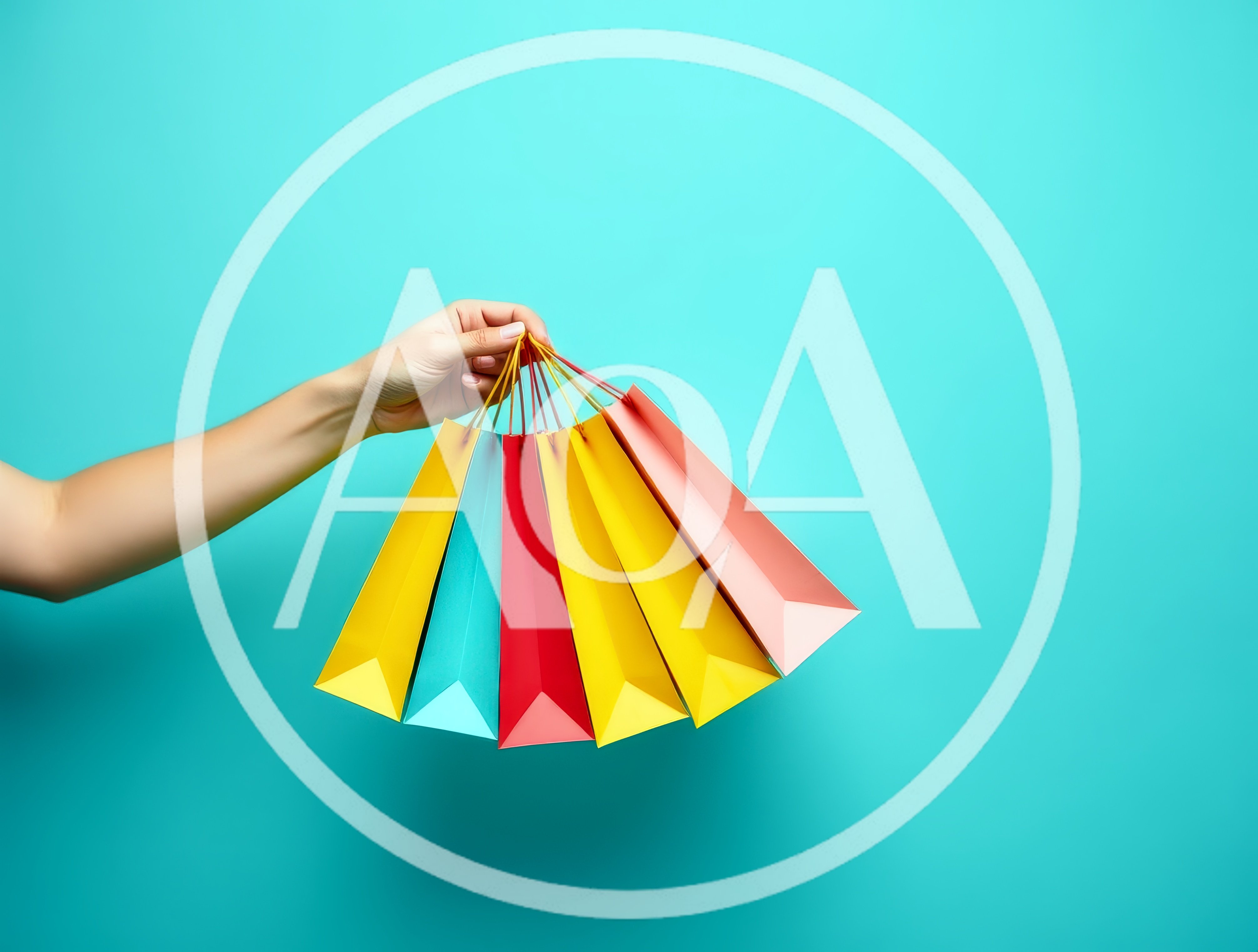 Hand Holding Colorful Shopping Bags Against Turquoise Background
