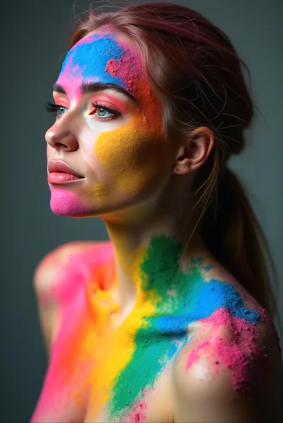 Portrait Of A Woman With Colorful Holi Powder Makeup