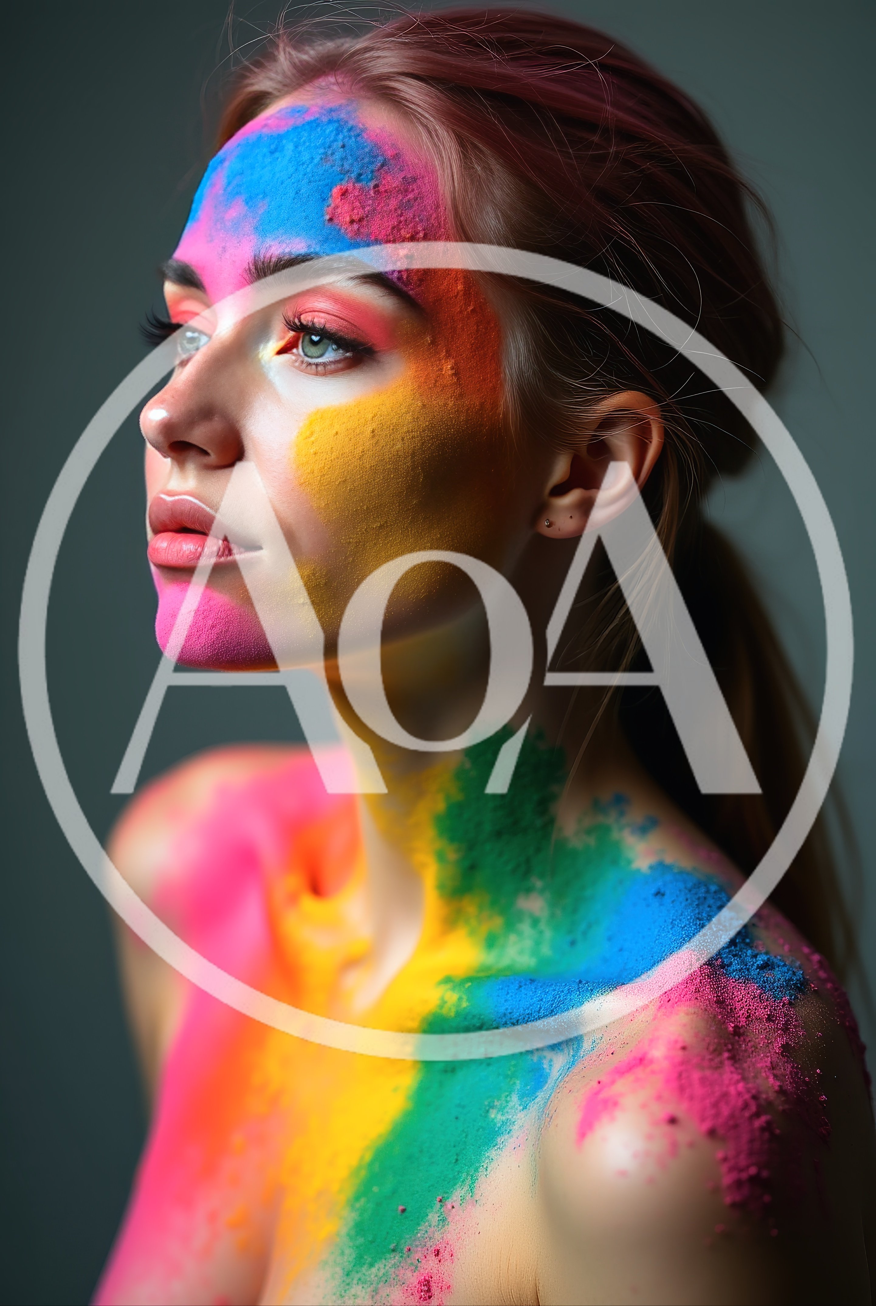 Portrait Of A Woman With Colorful Holi Powder Makeup