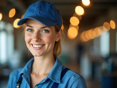 Smiling Young Woman Wearing A Blue Work Cap