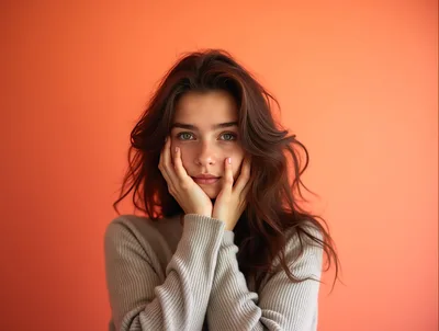 Young Woman With Brown Hair Posing Against Orange Background