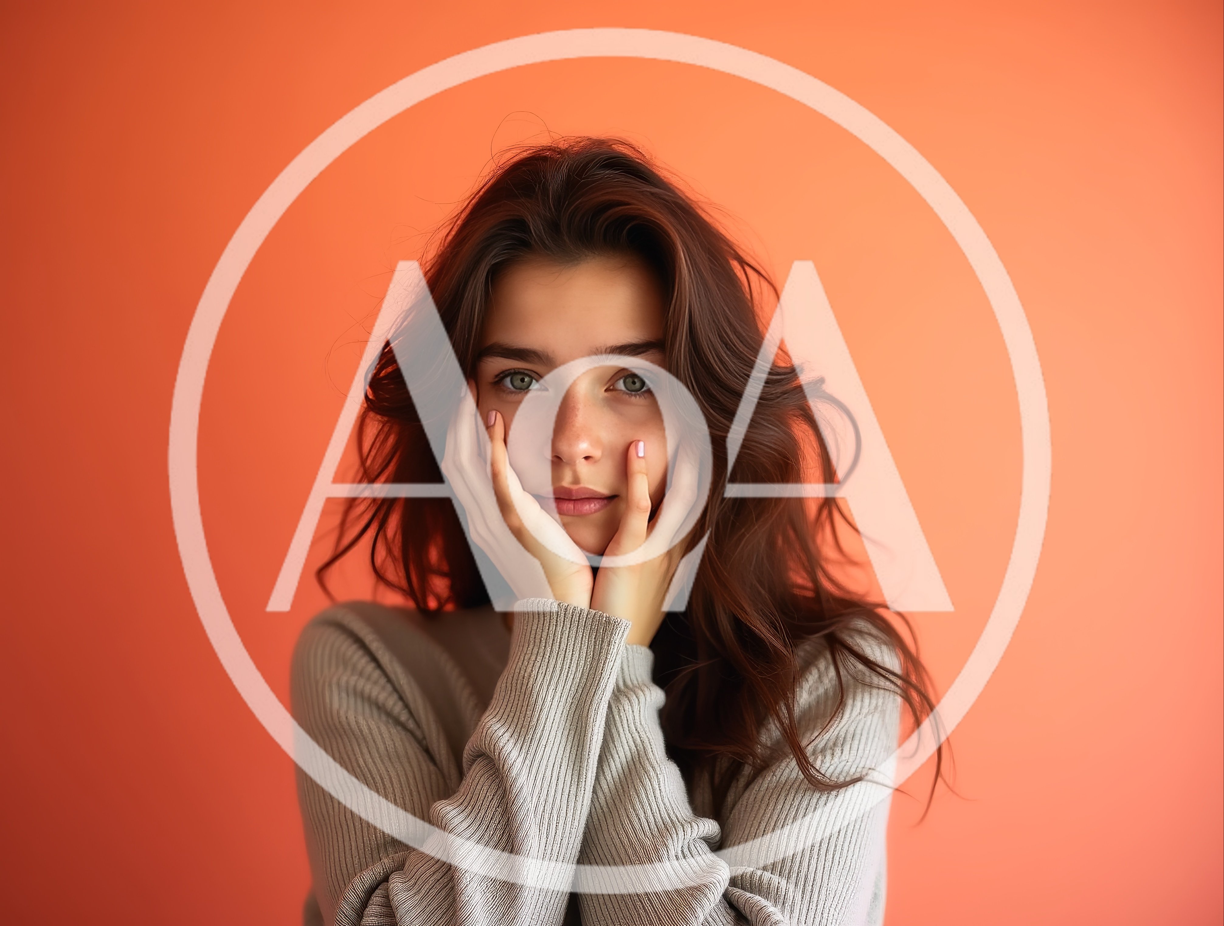 Young Woman With Brown Hair Posing Against Orange Background