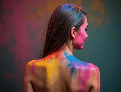Woman With Colorful Holi Powder On Shoulders