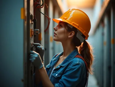 Female Electrician Inspecting Industrial Electrical Control Panel