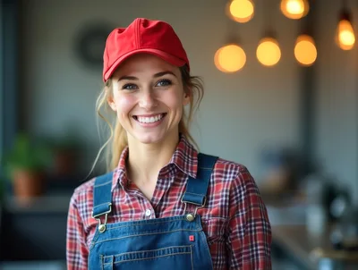 Smiling Young Woman Wearing Red Cap And Denim Overalls