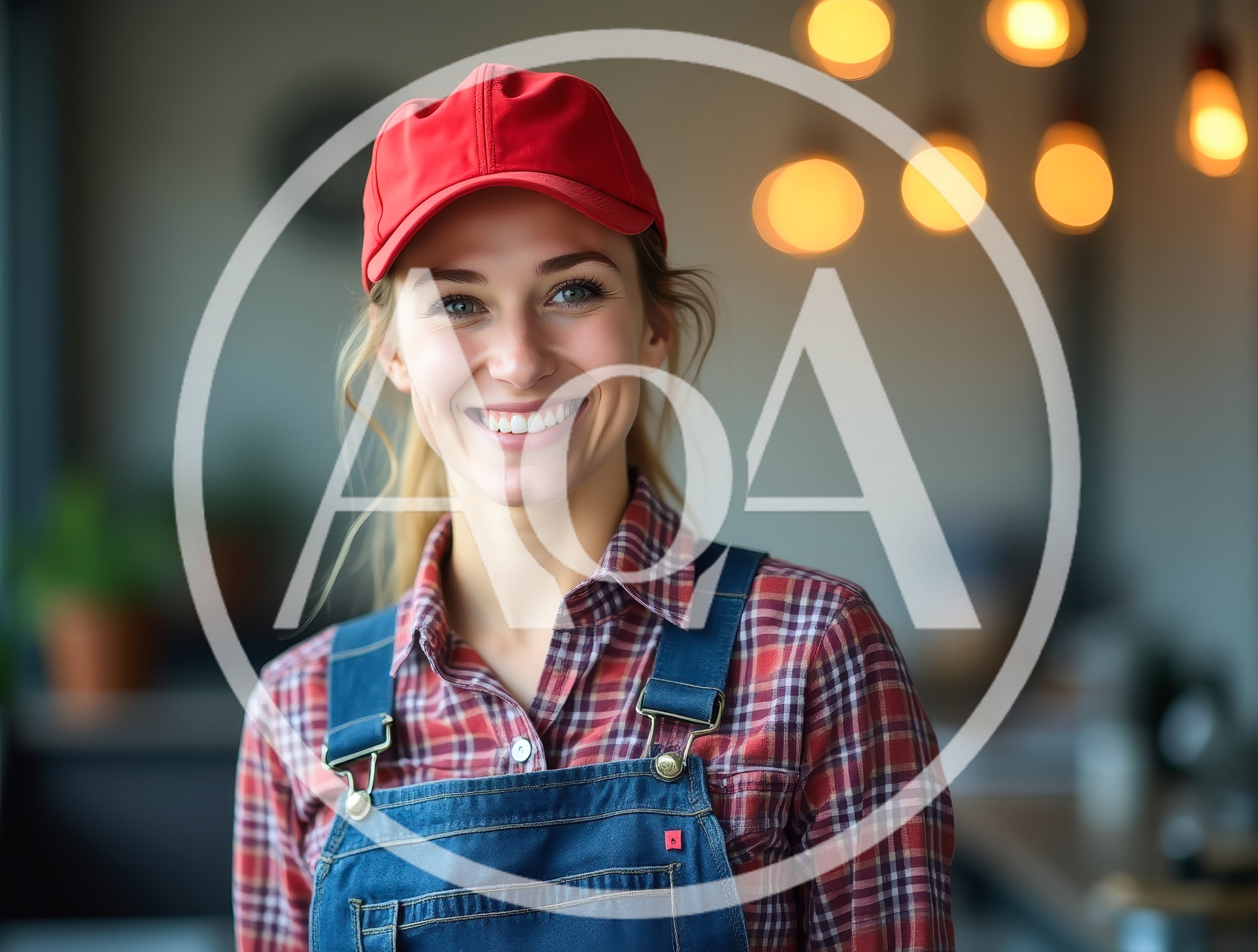 Smiling Young Woman Wearing Red Cap And Denim Overalls