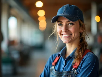 Smiling Female Worker Wearing Denim Overalls and Cap