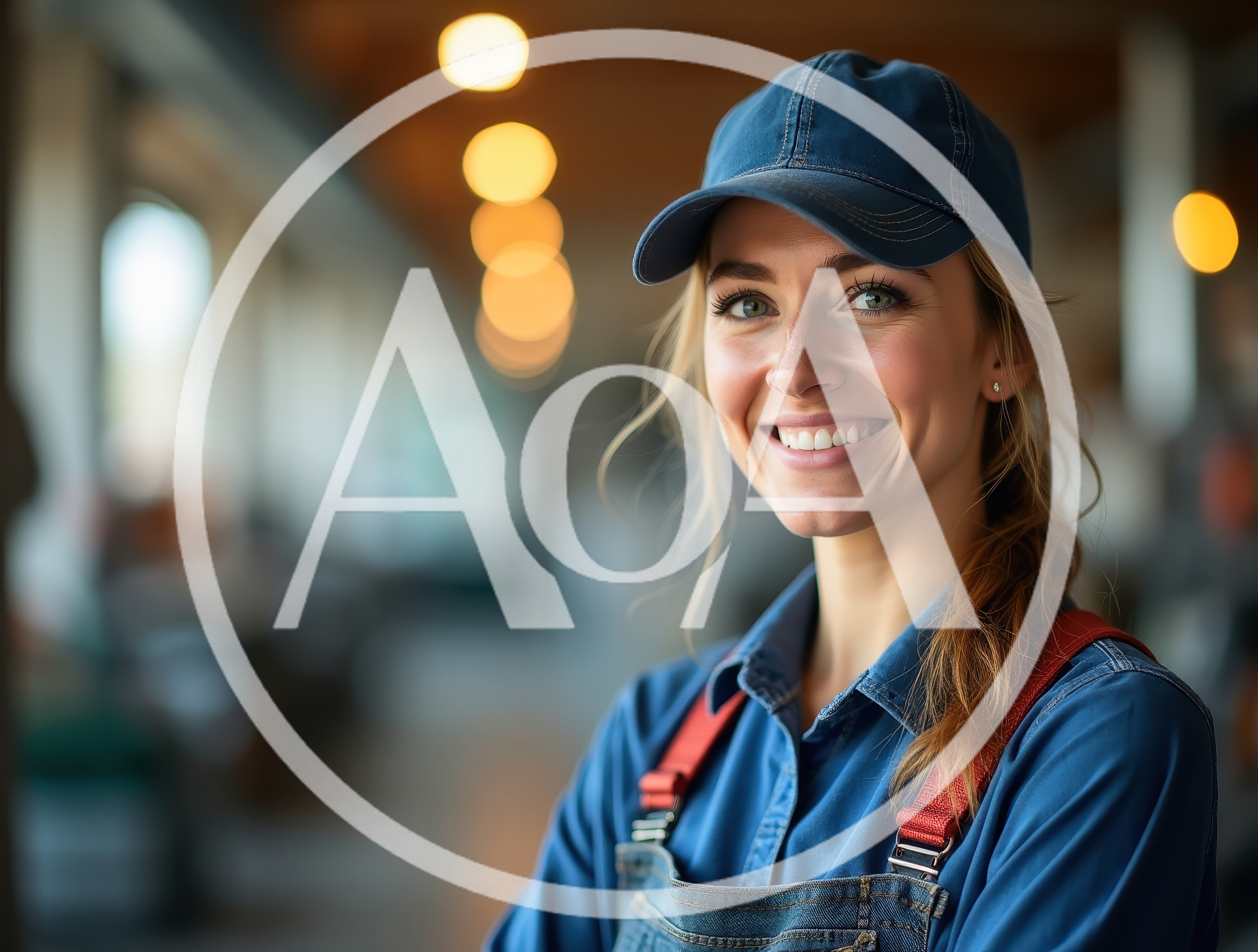 Smiling Female Worker Wearing Denim Overalls and Cap
