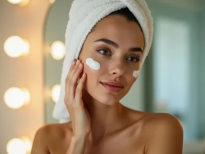 Young Woman Applying Facial Cream In Bathroom Mirror