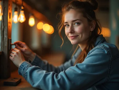 Young Woman Adjusting Light Switch In Cozy Studio