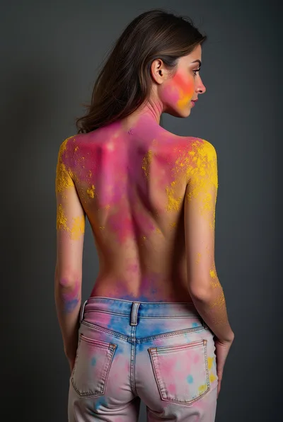 Woman With Holi Powder On Back And Jeans
