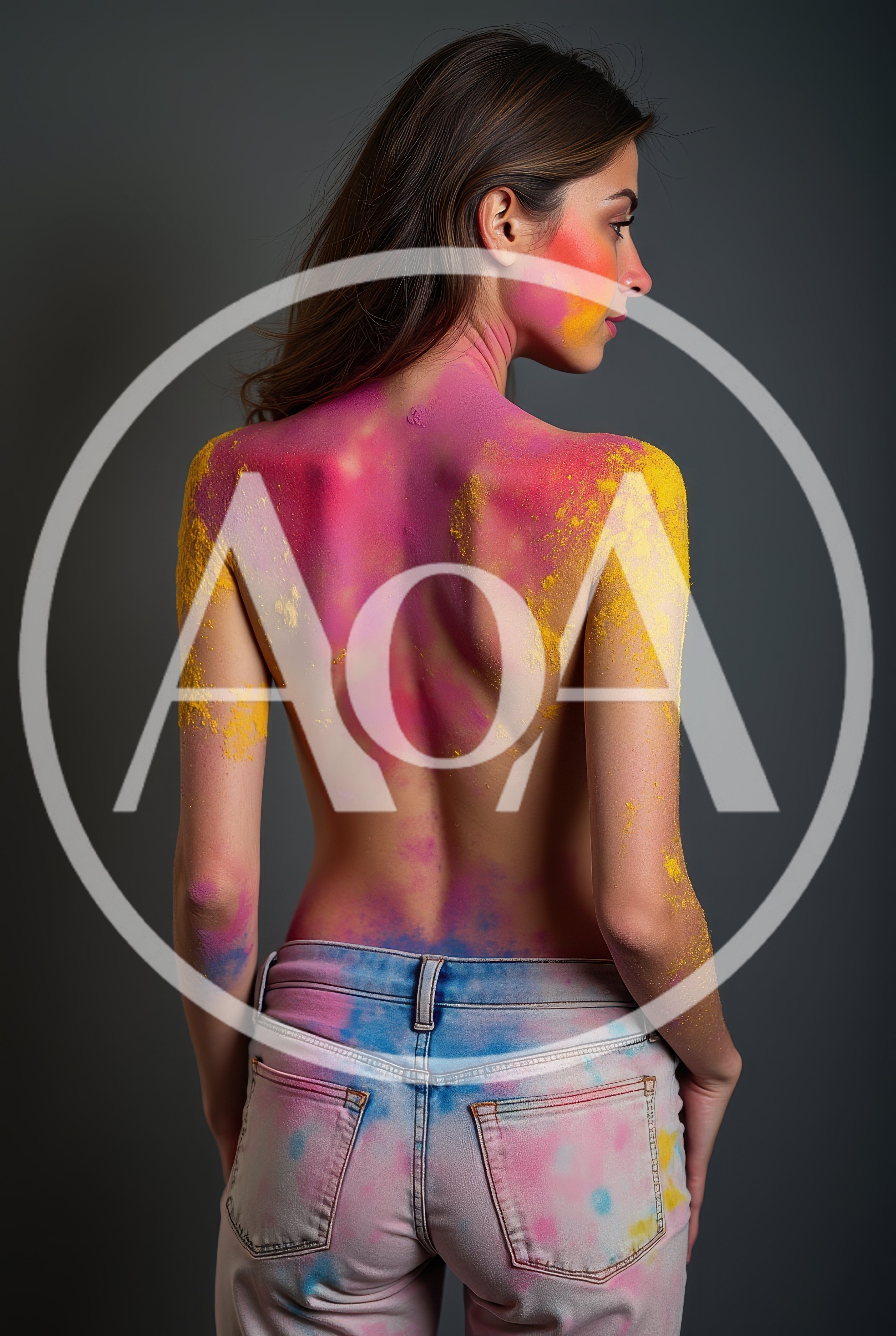 Woman With Holi Powder On Back And Jeans