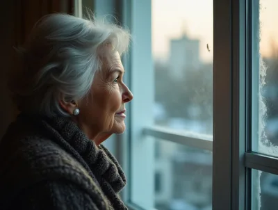 Elderly Woman Looking Out A Window In Winter