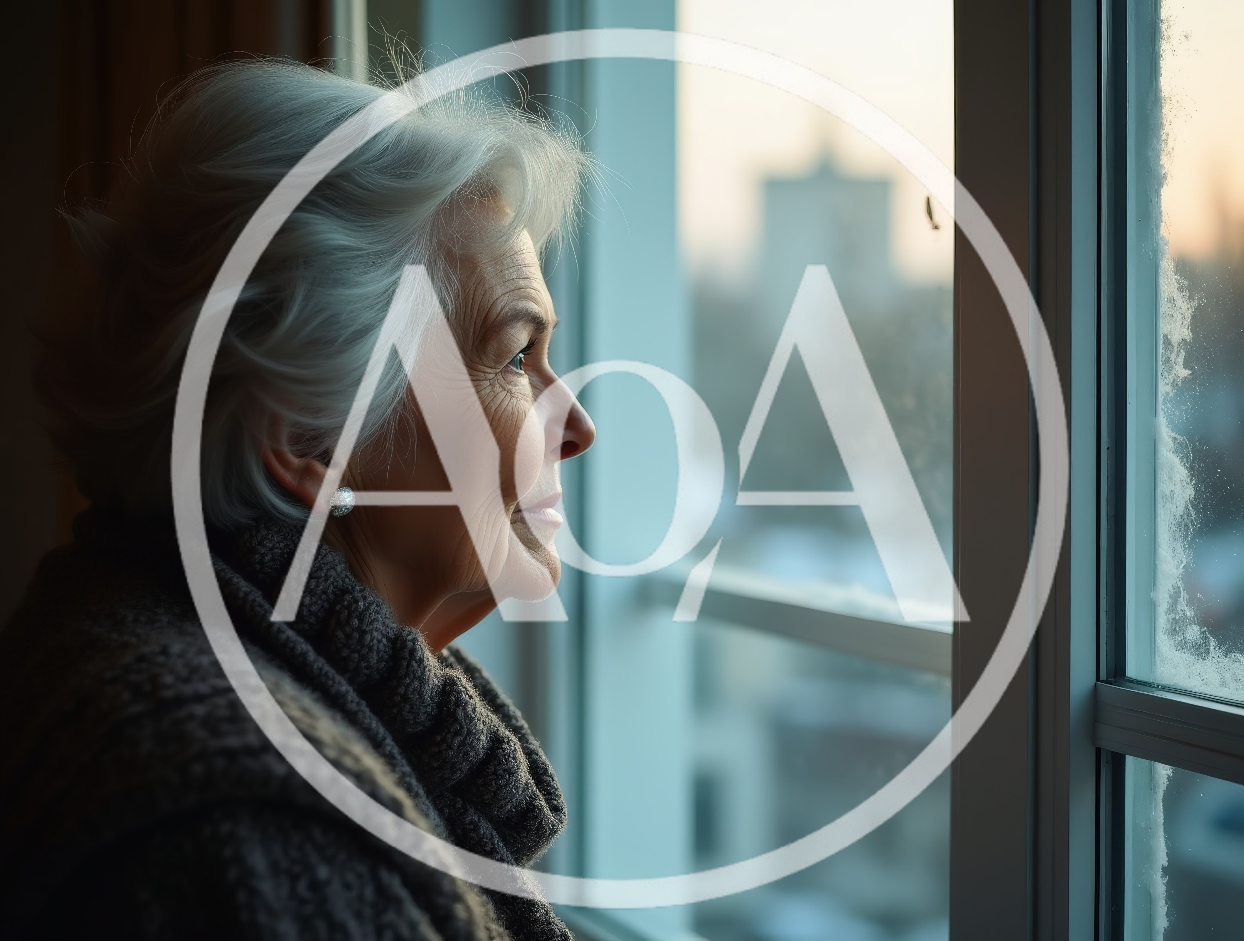 Elderly Woman Looking Out A Window In Winter