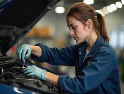 Female Mechanic Repairing Car Engine In Workshop