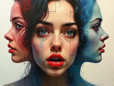 Surreal Portrait Of Woman With Three Faces