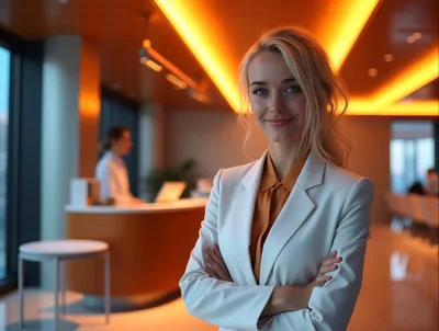 Professional Businesswoman Standing In Modern Office Lobby