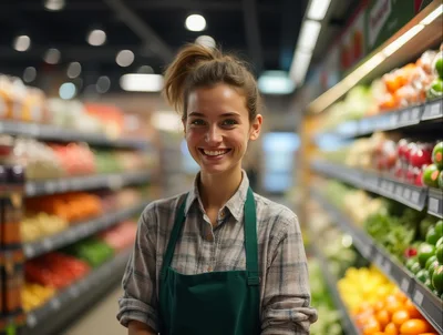 Smiling Female Grocery Store Clerk In Produce Aisle