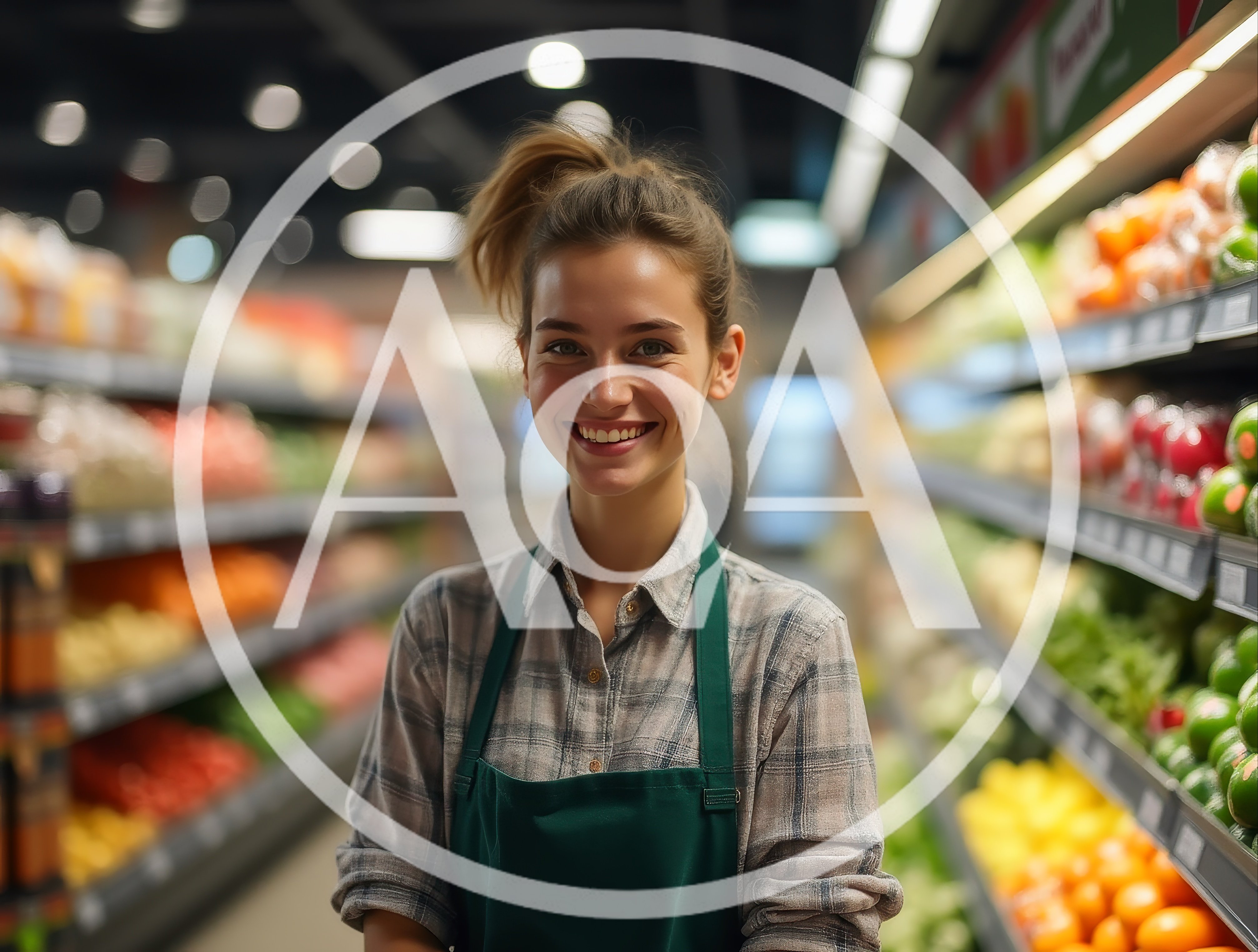 Smiling Female Grocery Store Clerk In Produce Aisle