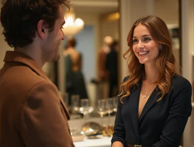 Professional Couple Conversing In An Elegant Boutique Setting