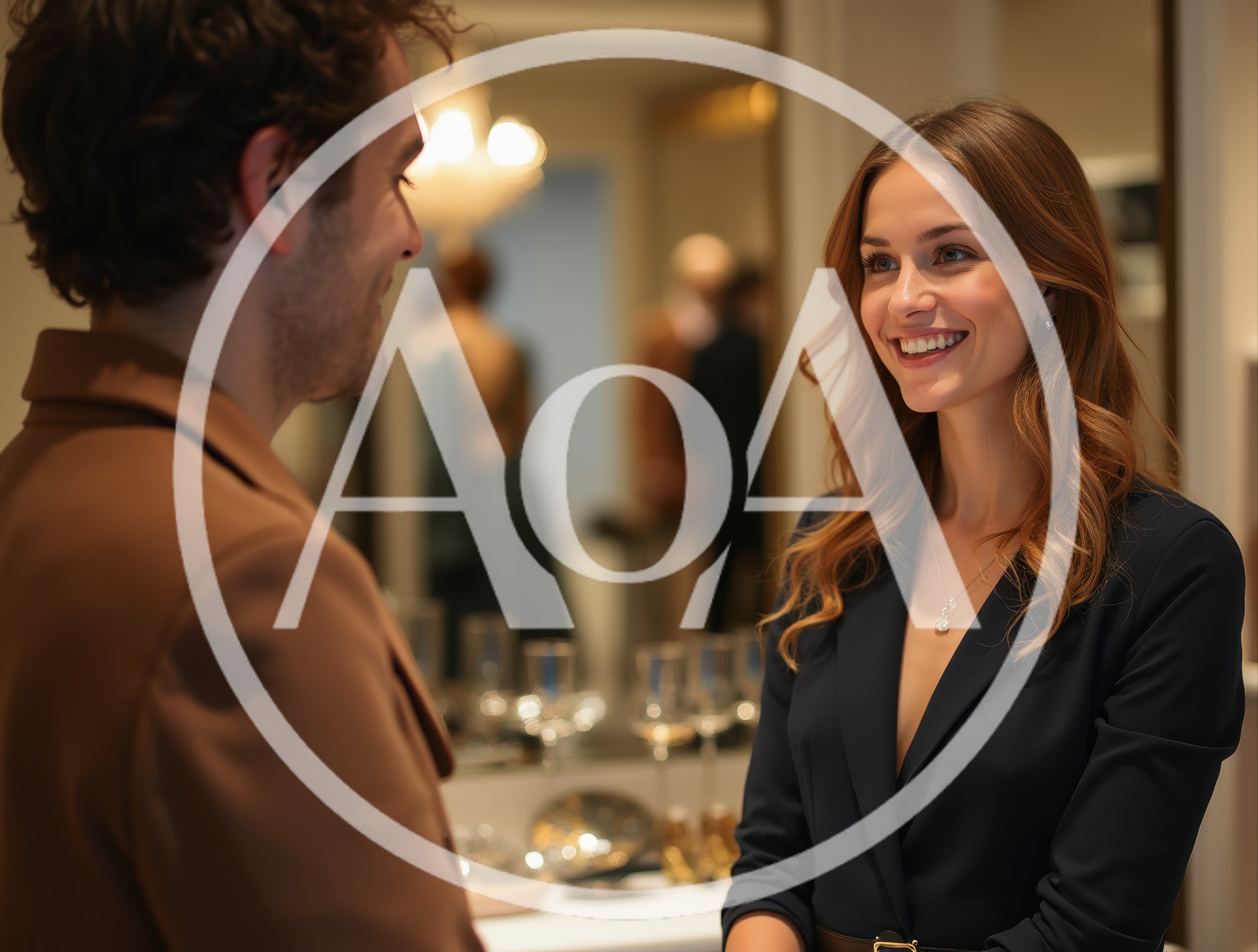 Professional Couple Conversing In An Elegant Boutique Setting