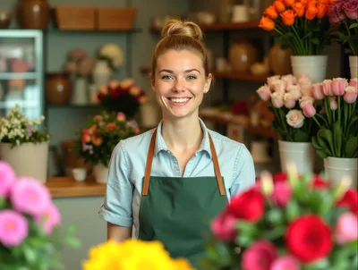 Smiling Female Florist Standing In Flower Shop