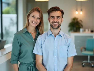 Professional Couple Smiling In A Modern Office Setting