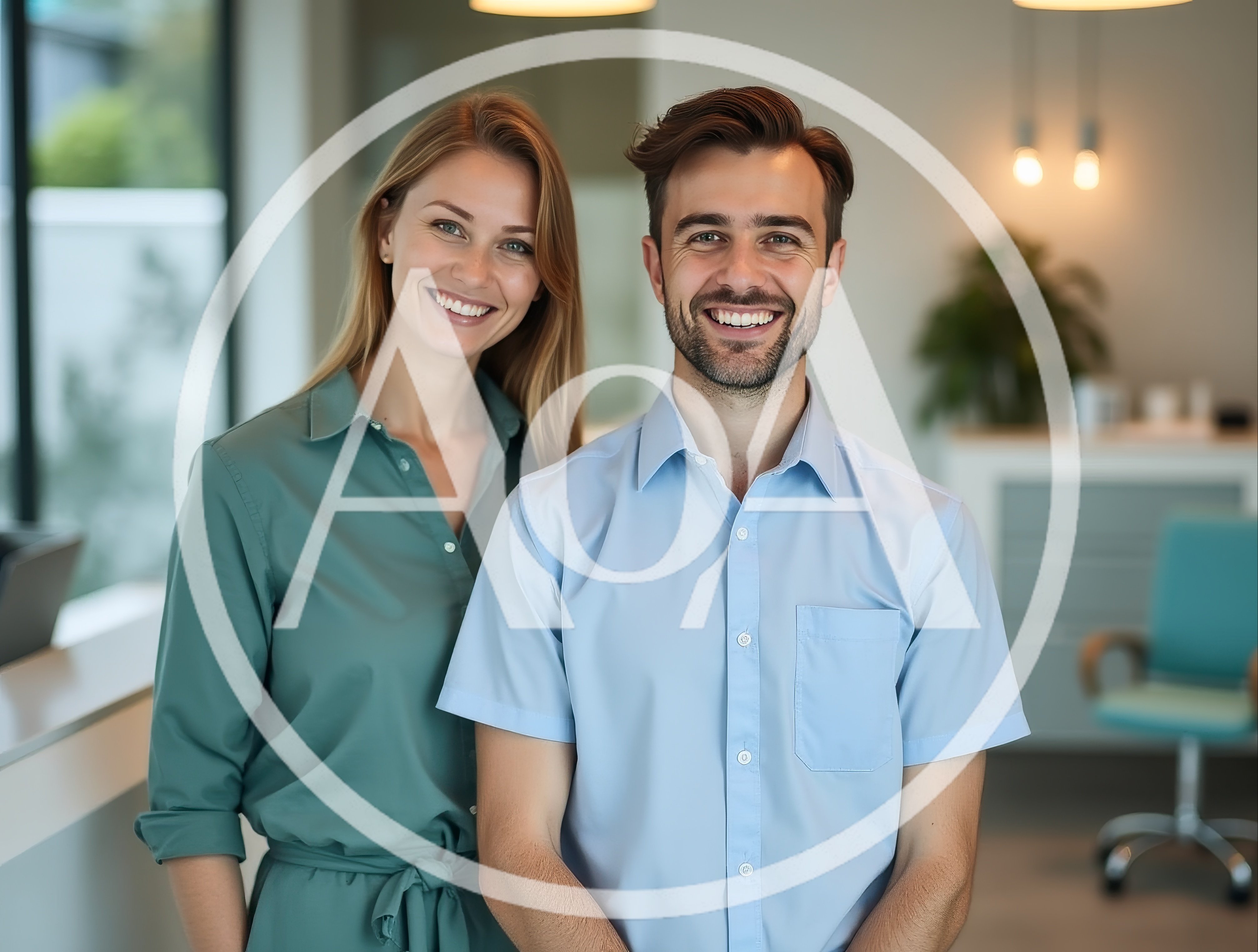 Professional Couple Smiling In A Modern Office Setting