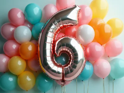 Silver Number Six Balloon With Colorful Party Balloons