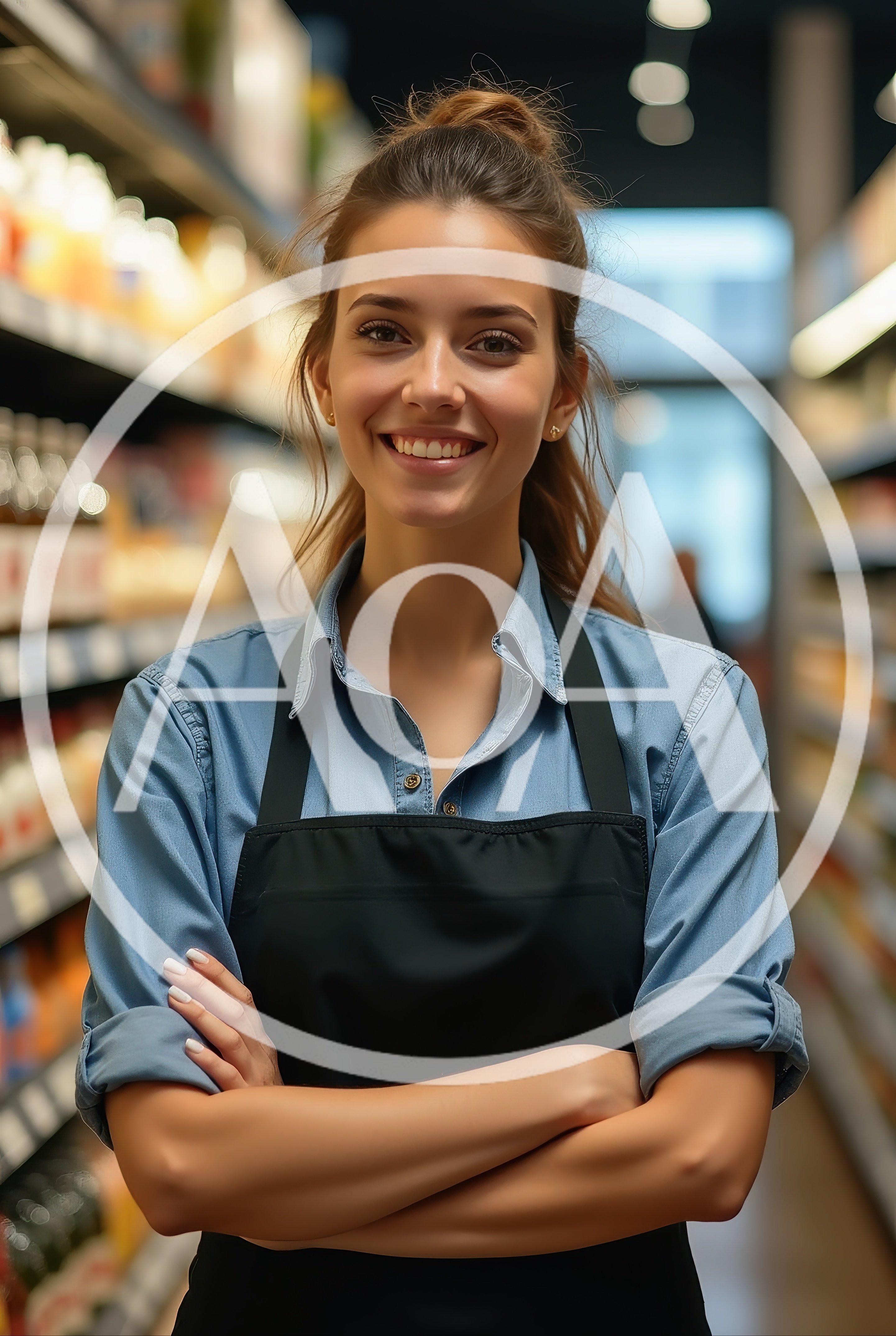 Smiling Female Grocery Store Clerk Standing In Aisle