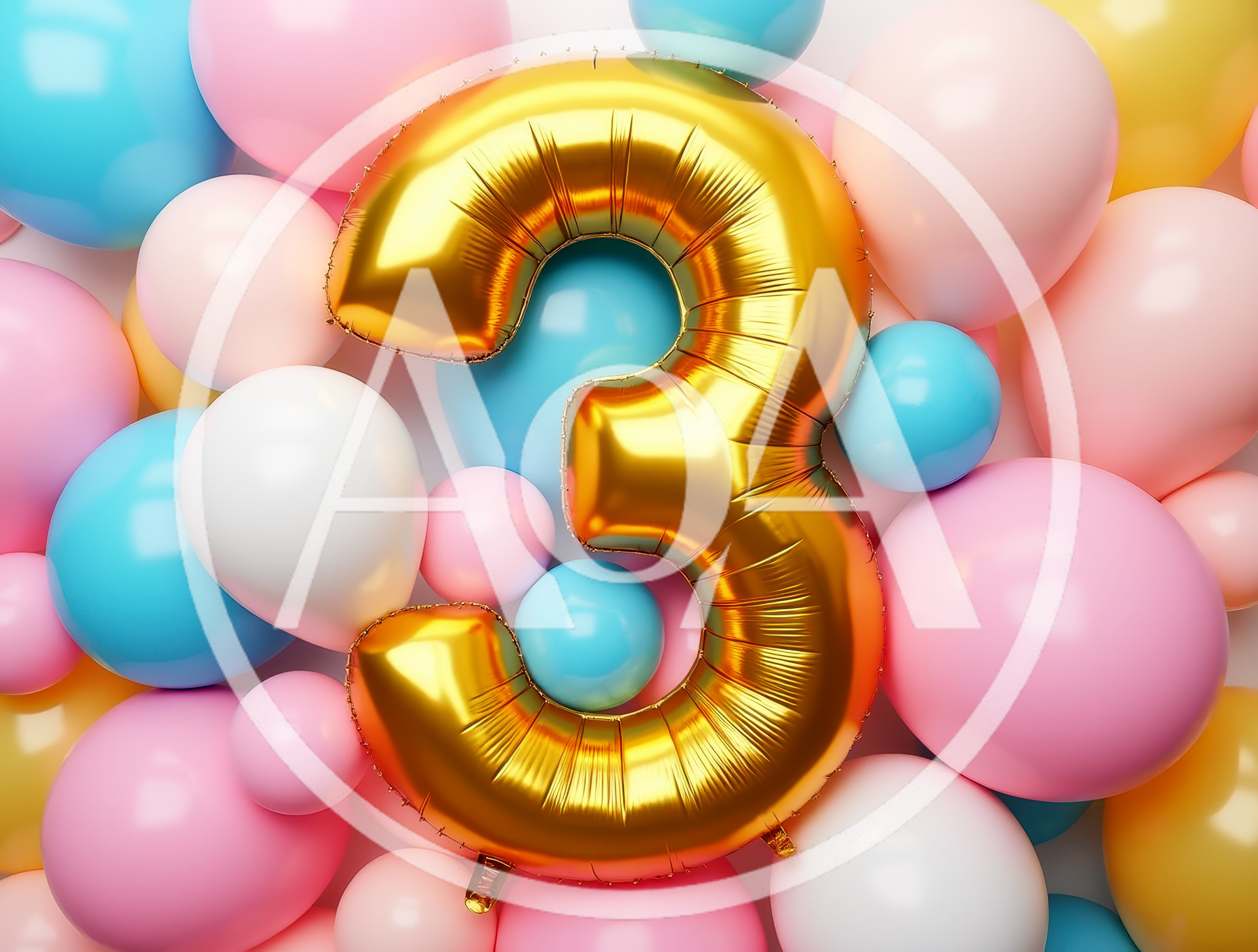 Gold Number Three Balloon Surrounded By Colorful Balloons