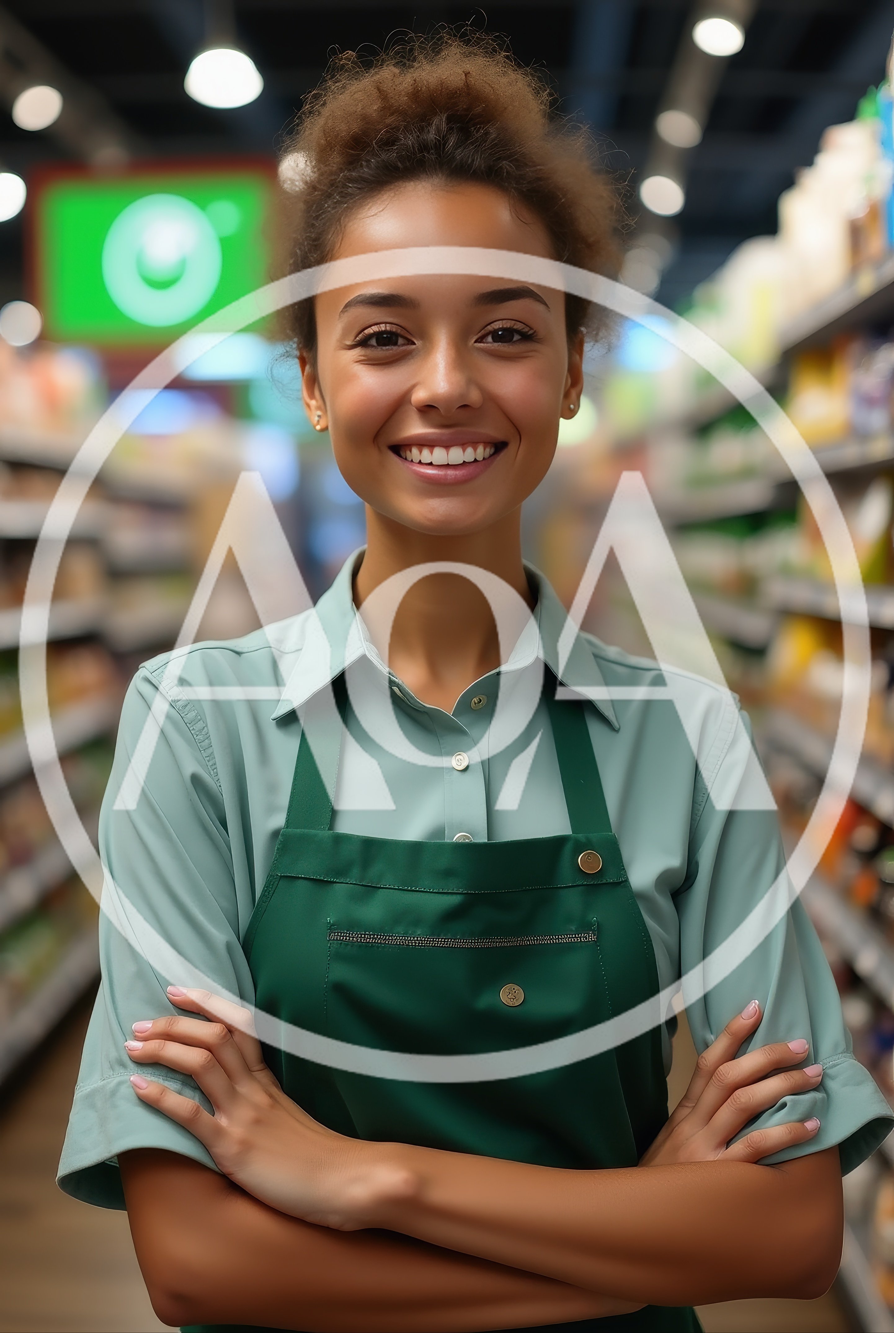 Smiling Female Grocery Store Employee Standing In Aisle