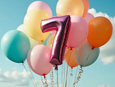 Bunch Of Colorful Balloons With Number Seven Balloon