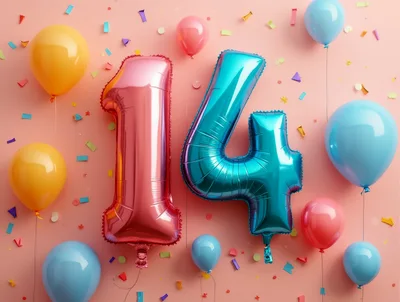 Fourteenth Birthday Celebration Balloons With Confetti