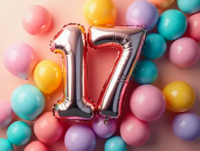 Seventeenth Birthday Celebration Balloons on Pastel Background