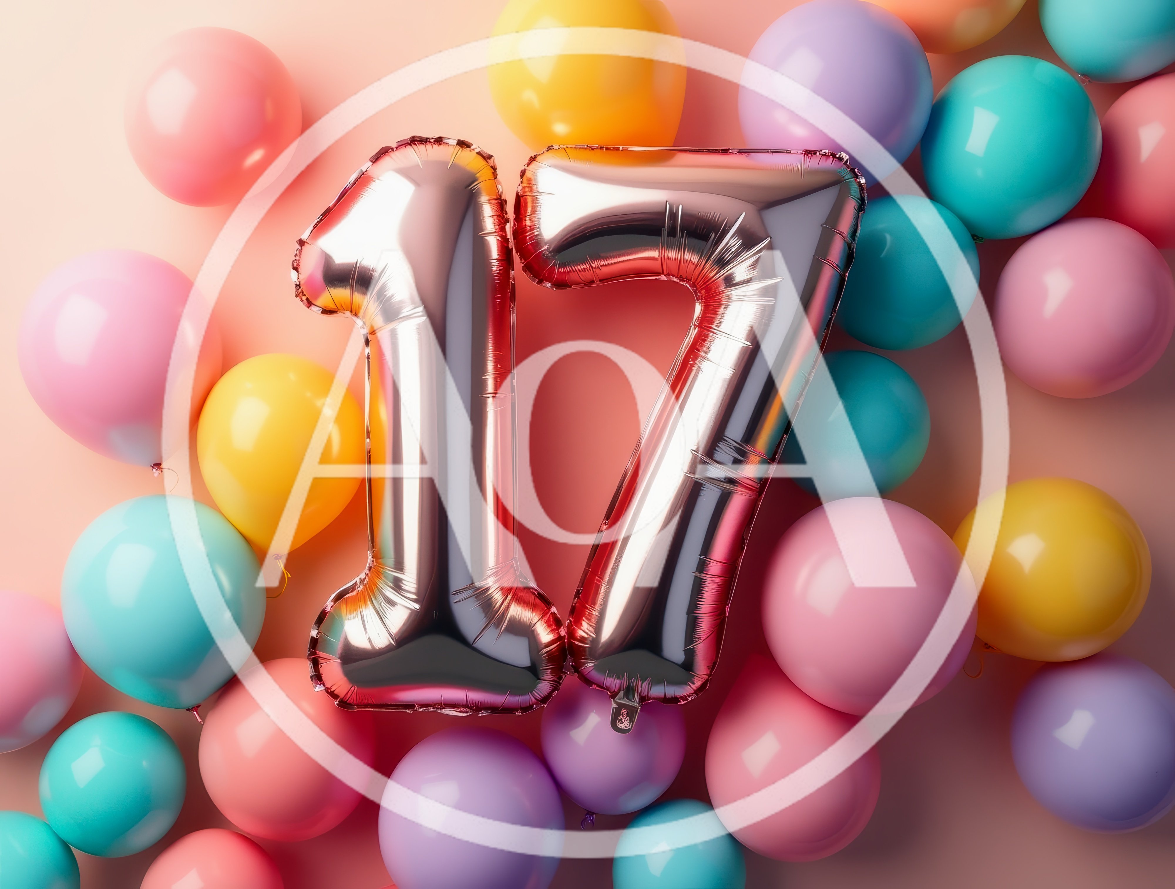 Seventeenth Birthday Celebration Balloons on Pastel Background