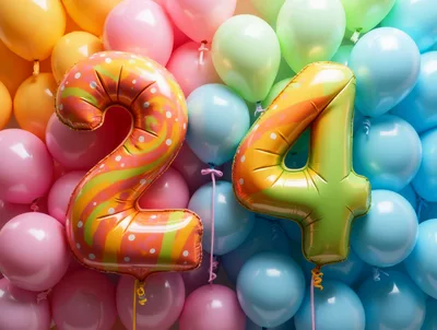 Number 24 Foil Balloons Against Colorful Balloon Background