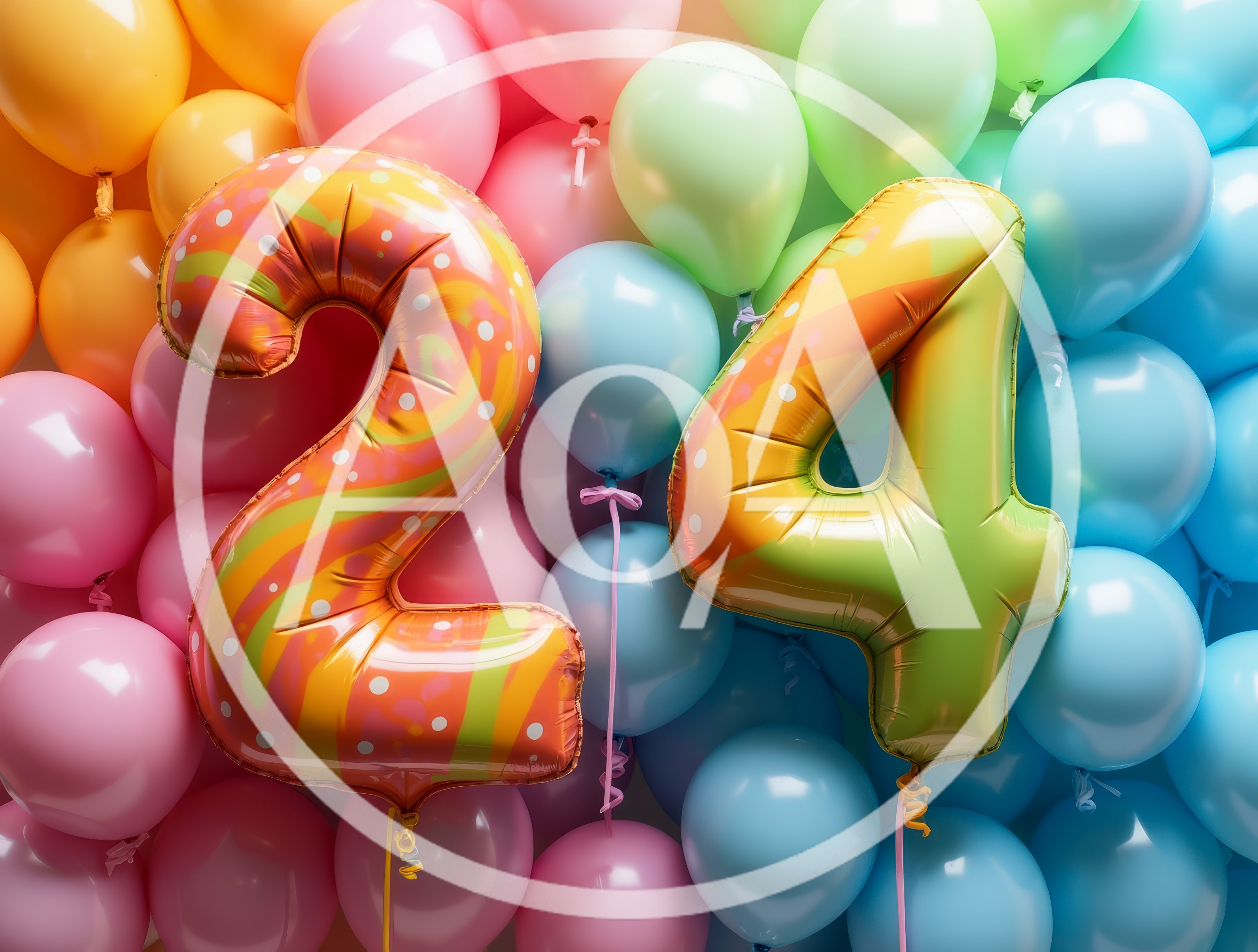 Number 24 Foil Balloons Against Colorful Balloon Background
