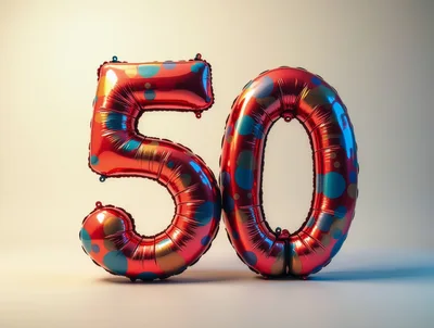 Red Foil Balloon Number Fifty With Polka Dot Pattern