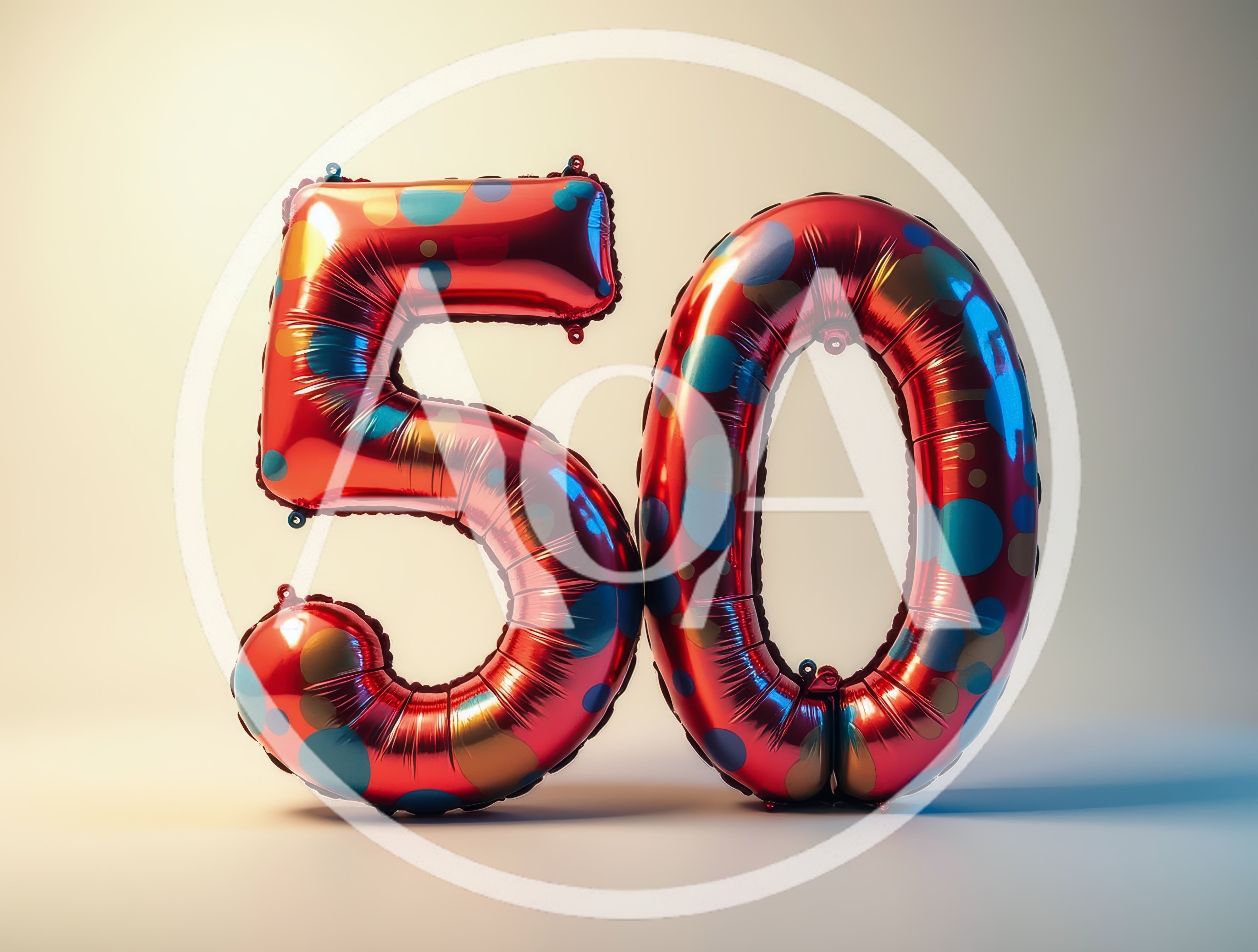 Red Foil Balloon Number Fifty With Polka Dot Pattern