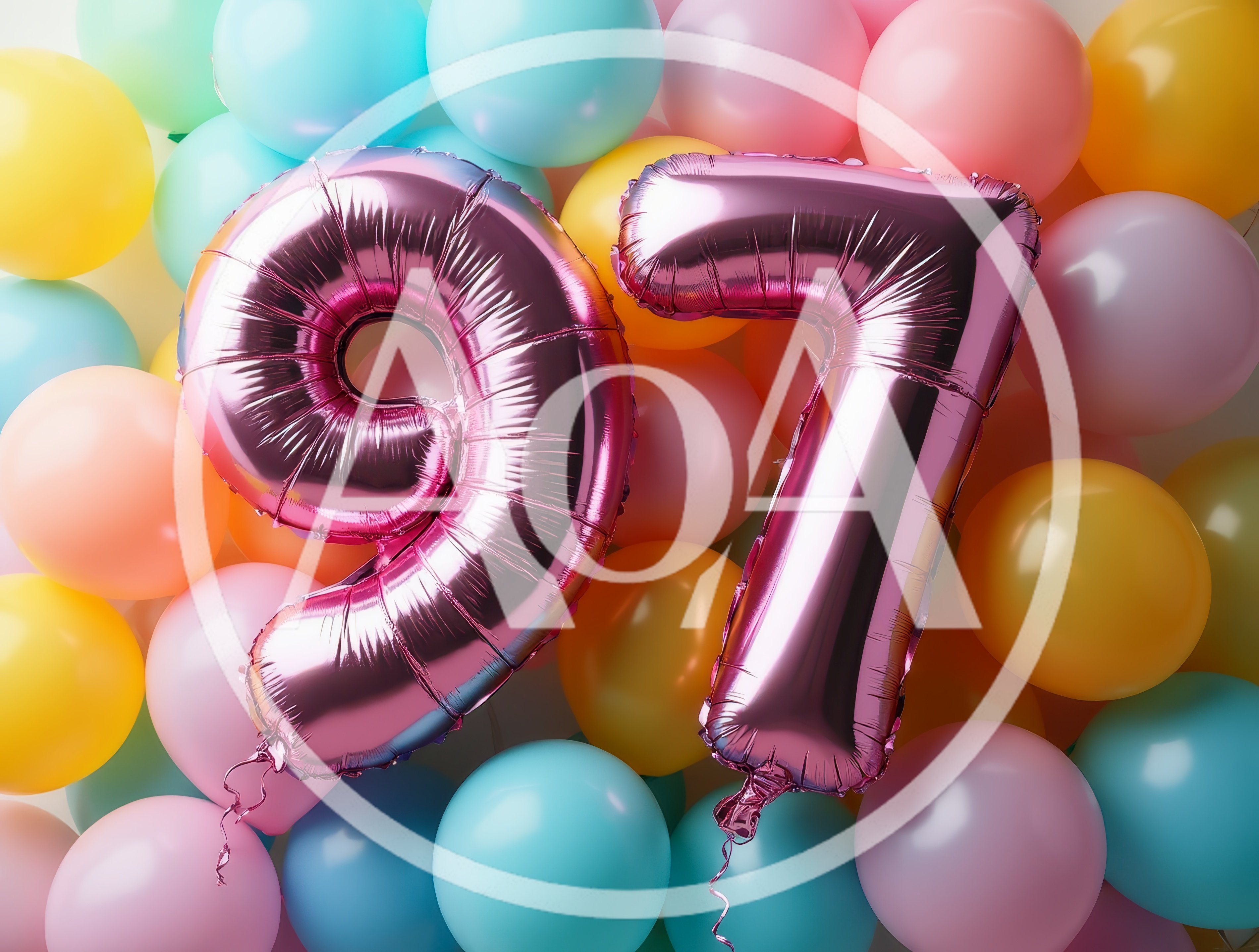 Pink Number Ninety Seven Balloons Against Colorful Background