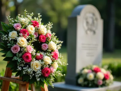 Funeral Wreath With Roses On A Wooden Easel